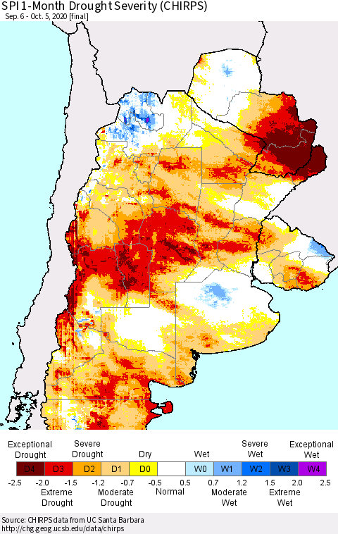 Southern South America SPI 1-Month Drought Severity (CHIRPS) Thematic Map For 9/6/2020 - 10/5/2020