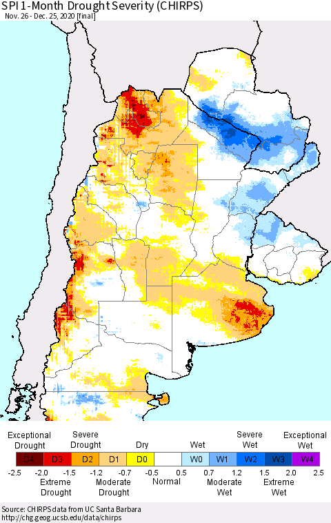 Southern South America SPI 1-Month Drought Severity (CHIRPS) Thematic Map For 11/26/2020 - 12/25/2020