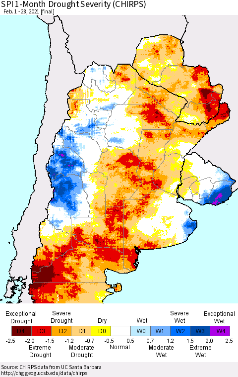Southern South America SPI 1-Month Drought Severity (CHIRPS) Thematic Map For 2/1/2021 - 2/28/2021