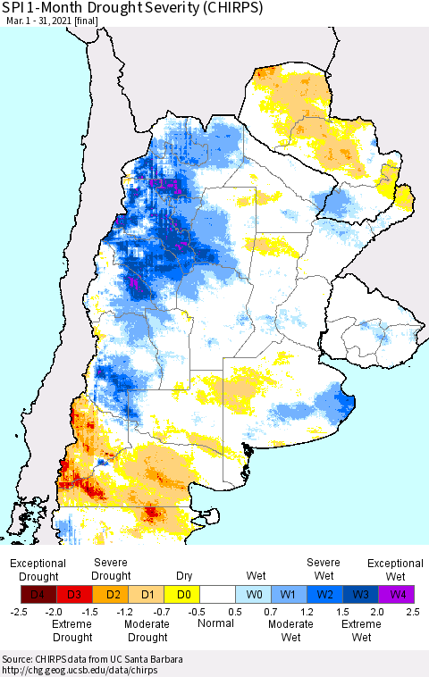 Southern South America SPI 1-Month Drought Severity (CHIRPS) Thematic Map For 3/1/2021 - 3/31/2021