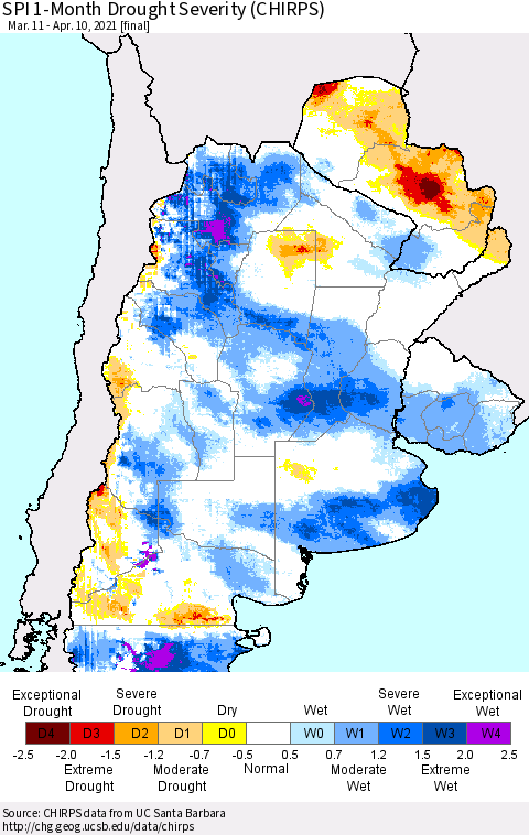 Southern South America SPI 1-Month Drought Severity (CHIRPS) Thematic Map For 3/11/2021 - 4/10/2021