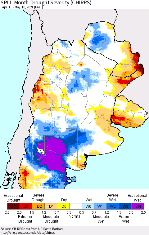 Southern South America SPI 1-Month Drought Severity (CHIRPS) Thematic Map For 4/11/2021 - 5/10/2021