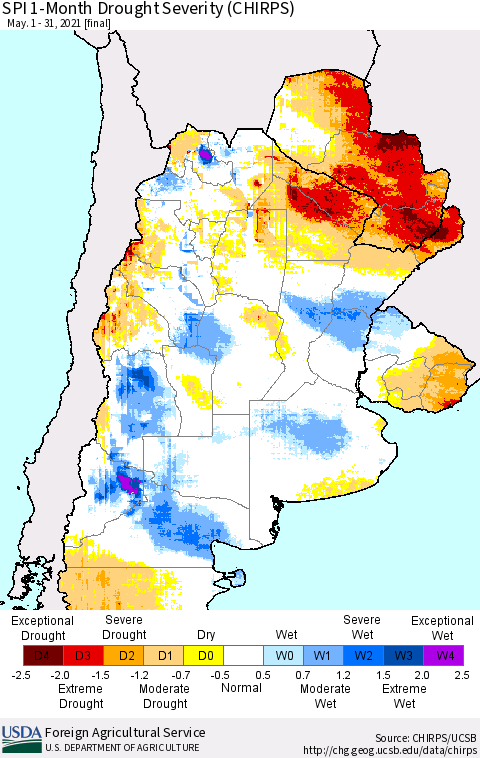 Southern South America SPI 1-Month Drought Severity (CHIRPS) Thematic Map For 5/1/2021 - 5/31/2021