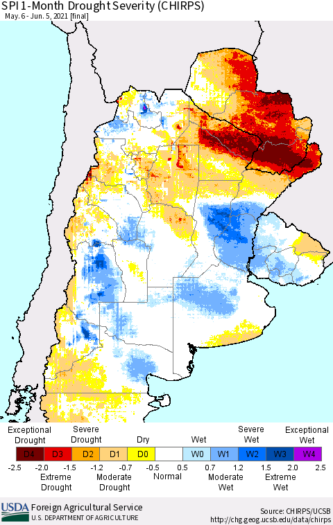 Southern South America SPI 1-Month Drought Severity (CHIRPS) Thematic Map For 5/6/2021 - 6/5/2021