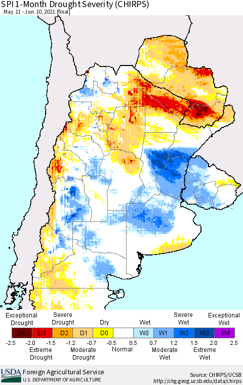 Southern South America SPI 1-Month Drought Severity (CHIRPS) Thematic Map For 5/11/2021 - 6/10/2021