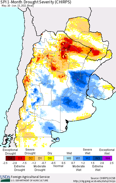 Southern South America SPI 1-Month Drought Severity (CHIRPS) Thematic Map For 5/16/2021 - 6/15/2021