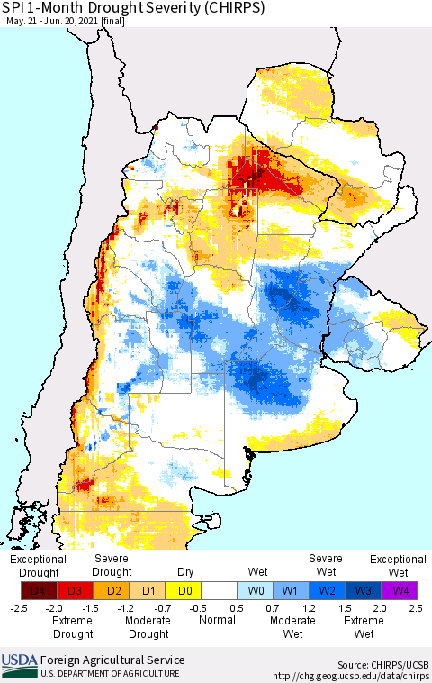 Southern South America SPI 1-Month Drought Severity (CHIRPS) Thematic Map For 5/21/2021 - 6/20/2021