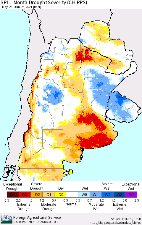 Southern South America SPI 1-Month Drought Severity (CHIRPS) Thematic Map For 5/26/2021 - 6/25/2021