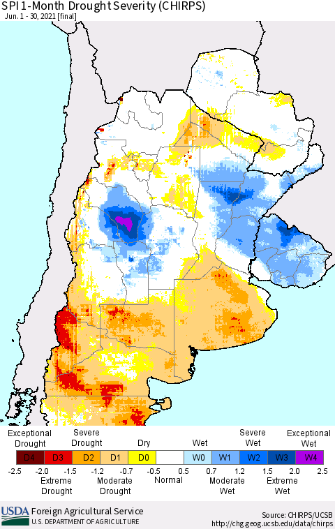 Southern South America SPI 1-Month Drought Severity (CHIRPS) Thematic Map For 6/1/2021 - 6/30/2021