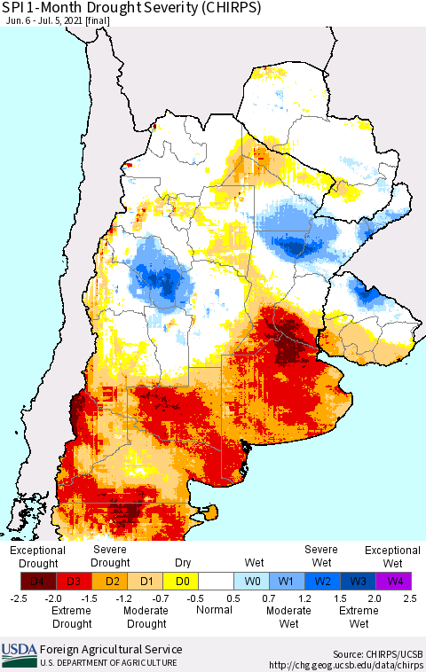 Southern South America SPI 1-Month Drought Severity (CHIRPS) Thematic Map For 6/6/2021 - 7/5/2021