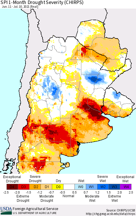 Southern South America SPI 1-Month Drought Severity (CHIRPS) Thematic Map For 6/11/2021 - 7/10/2021