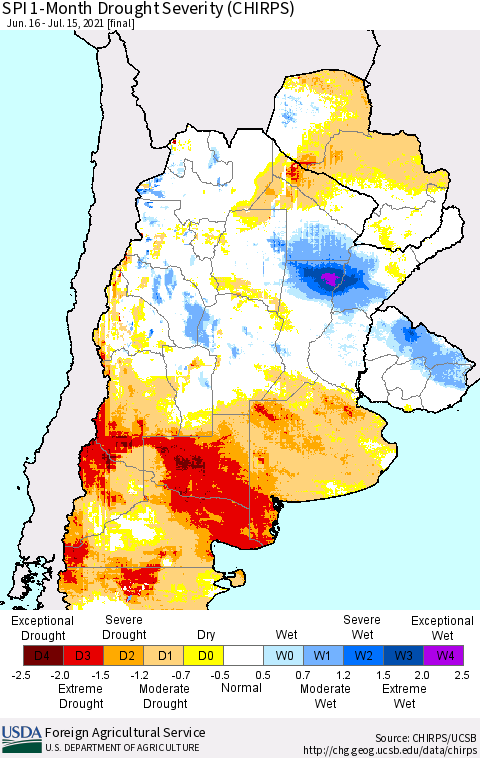 Southern South America SPI 1-Month Drought Severity (CHIRPS) Thematic Map For 6/16/2021 - 7/15/2021