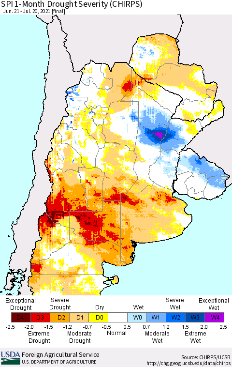 Southern South America SPI 1-Month Drought Severity (CHIRPS) Thematic Map For 6/21/2021 - 7/20/2021