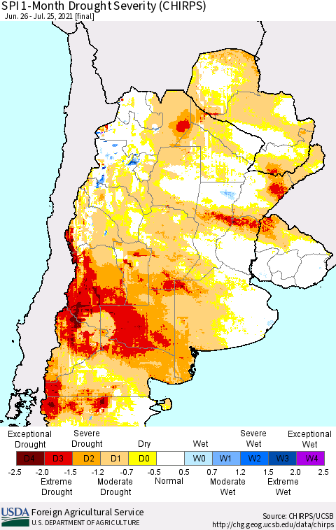 Southern South America SPI 1-Month Drought Severity (CHIRPS) Thematic Map For 6/26/2021 - 7/25/2021