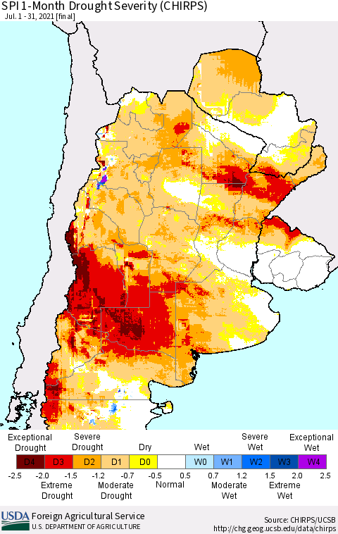 Southern South America SPI 1-Month Drought Severity (CHIRPS) Thematic Map For 7/1/2021 - 7/31/2021