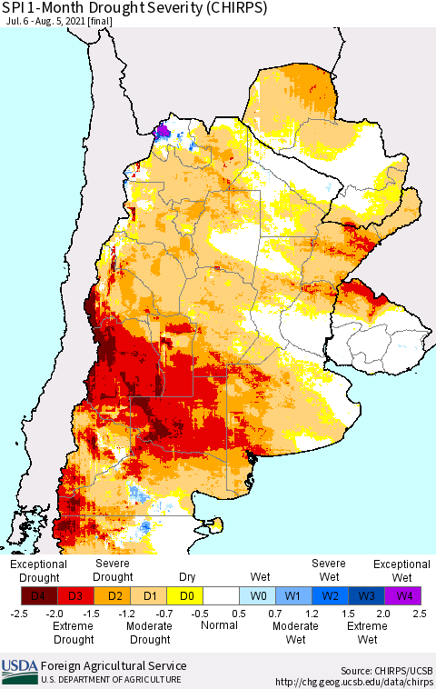 Southern South America SPI 1-Month Drought Severity (CHIRPS) Thematic Map For 7/6/2021 - 8/5/2021