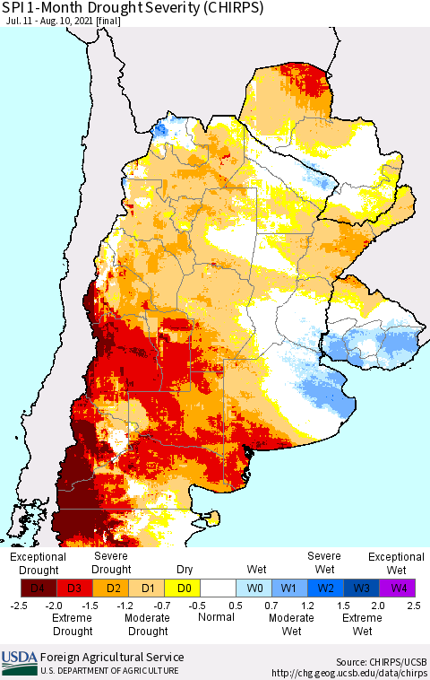 Southern South America SPI 1-Month Drought Severity (CHIRPS) Thematic Map For 7/11/2021 - 8/10/2021