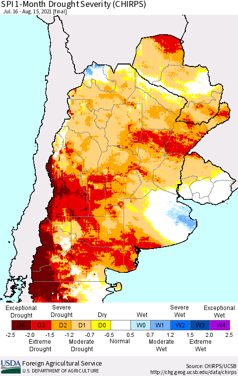 Southern South America SPI 1-Month Drought Severity (CHIRPS) Thematic Map For 7/16/2021 - 8/15/2021