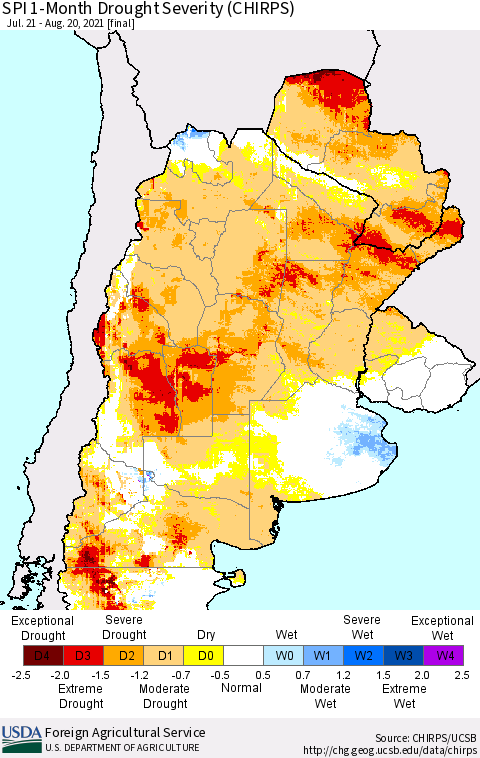 Southern South America SPI 1-Month Drought Severity (CHIRPS) Thematic Map For 7/21/2021 - 8/20/2021