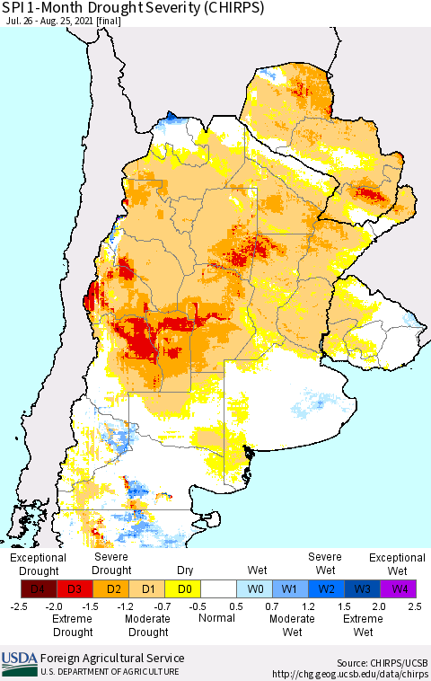Southern South America SPI 1-Month Drought Severity (CHIRPS) Thematic Map For 7/26/2021 - 8/25/2021