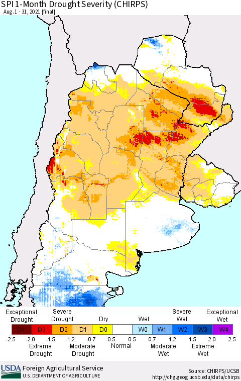 Southern South America SPI 1-Month Drought Severity (CHIRPS) Thematic Map For 8/1/2021 - 8/31/2021