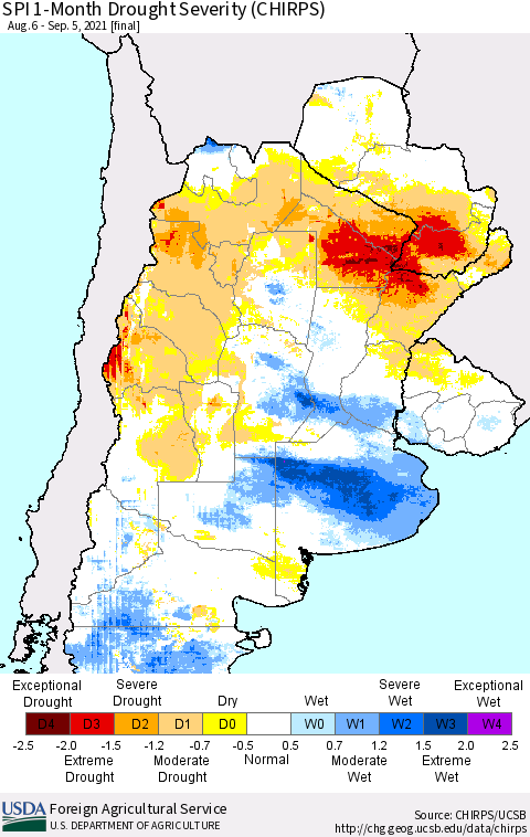 Southern South America SPI 1-Month Drought Severity (CHIRPS) Thematic Map For 8/6/2021 - 9/5/2021