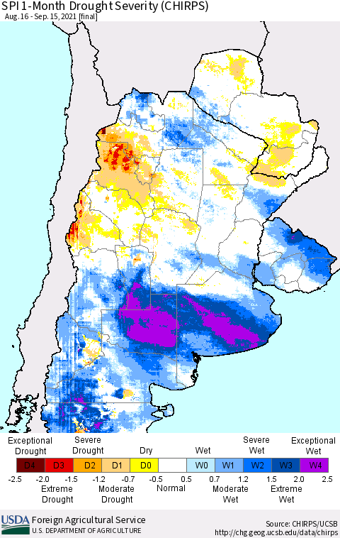 Southern South America SPI 1-Month Drought Severity (CHIRPS) Thematic Map For 8/16/2021 - 9/15/2021
