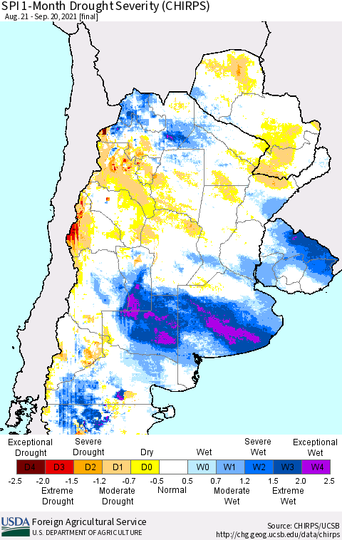 Southern South America SPI 1-Month Drought Severity (CHIRPS) Thematic Map For 8/21/2021 - 9/20/2021