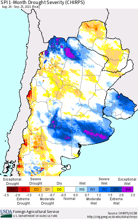 Southern South America SPI 1-Month Drought Severity (CHIRPS) Thematic Map For 8/26/2021 - 9/25/2021
