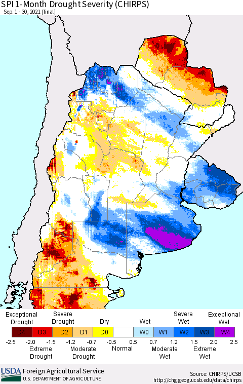 Southern South America SPI 1-Month Drought Severity (CHIRPS) Thematic Map For 9/1/2021 - 9/30/2021