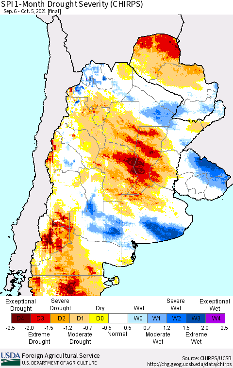 Southern South America SPI 1-Month Drought Severity (CHIRPS) Thematic Map For 9/6/2021 - 10/5/2021