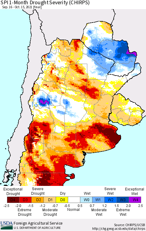 Southern South America SPI 1-Month Drought Severity (CHIRPS) Thematic Map For 9/16/2021 - 10/15/2021