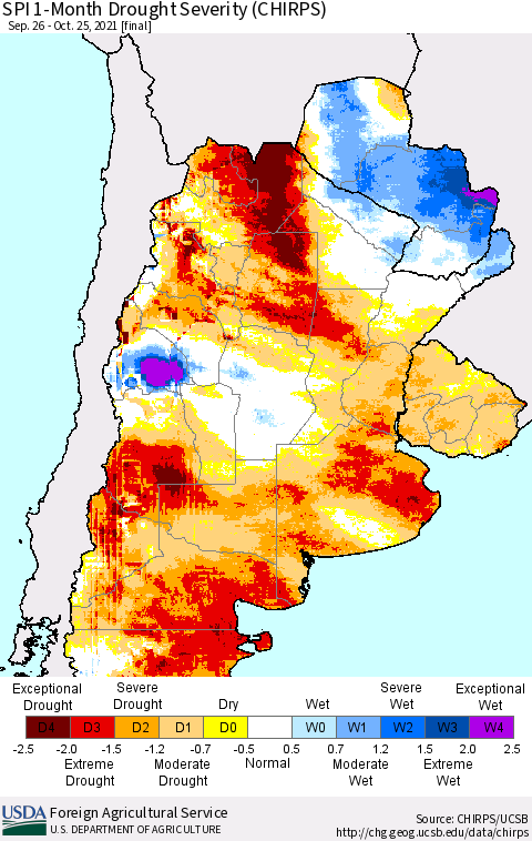 Southern South America SPI 1-Month Drought Severity (CHIRPS) Thematic Map For 9/26/2021 - 10/25/2021