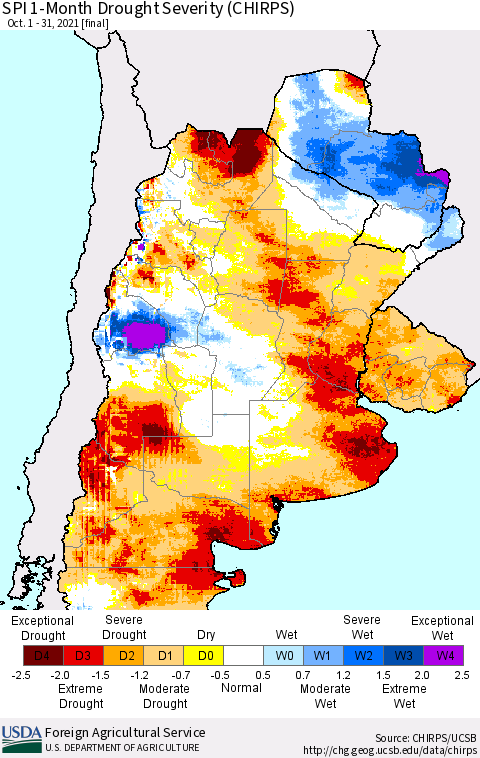 Southern South America SPI 1-Month Drought Severity (CHIRPS) Thematic Map For 10/1/2021 - 10/31/2021