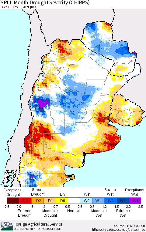 Southern South America SPI 1-Month Drought Severity (CHIRPS) Thematic Map For 10/6/2021 - 11/5/2021