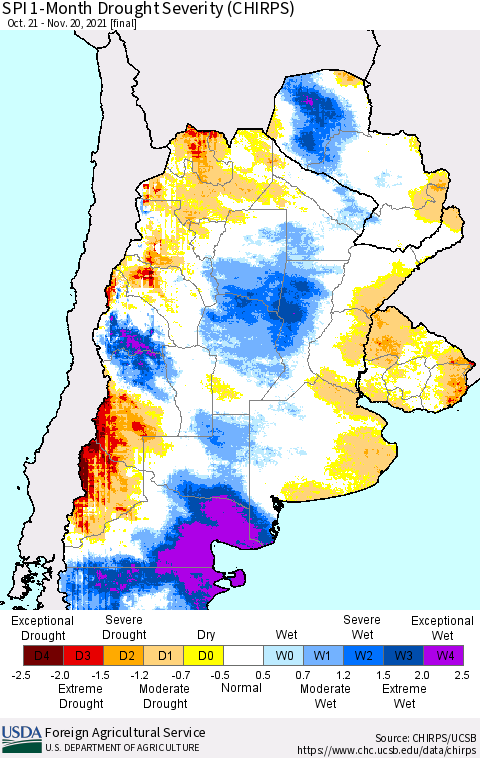 Southern South America SPI 1-Month Drought Severity (CHIRPS) Thematic Map For 10/21/2021 - 11/20/2021