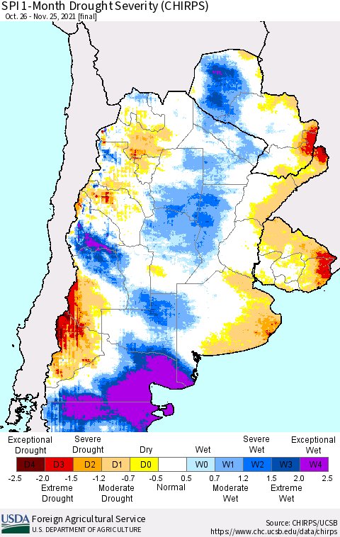 Southern South America SPI 1-Month Drought Severity (CHIRPS) Thematic Map For 10/26/2021 - 11/25/2021