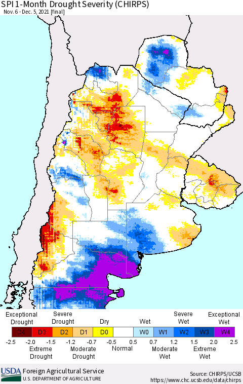 Southern South America SPI 1-Month Drought Severity (CHIRPS) Thematic Map For 11/6/2021 - 12/5/2021