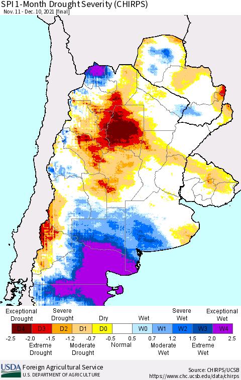 Southern South America SPI 1-Month Drought Severity (CHIRPS) Thematic Map For 11/11/2021 - 12/10/2021
