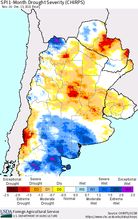 Southern South America SPI 1-Month Drought Severity (CHIRPS) Thematic Map For 11/16/2021 - 12/15/2021