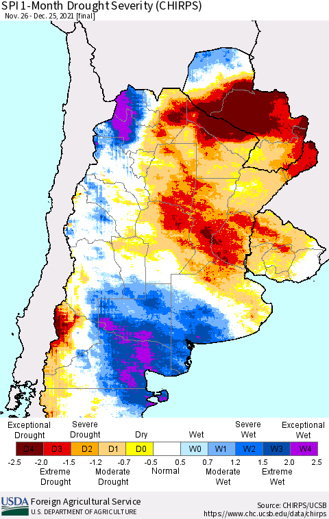 Southern South America SPI 1-Month Drought Severity (CHIRPS) Thematic Map For 11/26/2021 - 12/25/2021