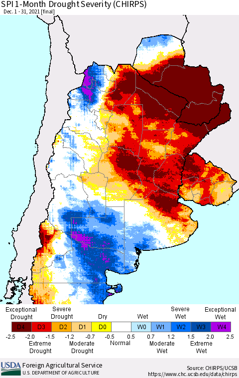 Southern South America SPI 1-Month Drought Severity (CHIRPS) Thematic Map For 12/1/2021 - 12/31/2021