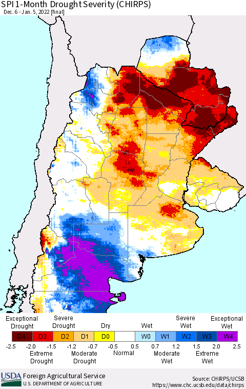 Southern South America SPI 1-Month Drought Severity (CHIRPS) Thematic Map For 12/6/2021 - 1/5/2022