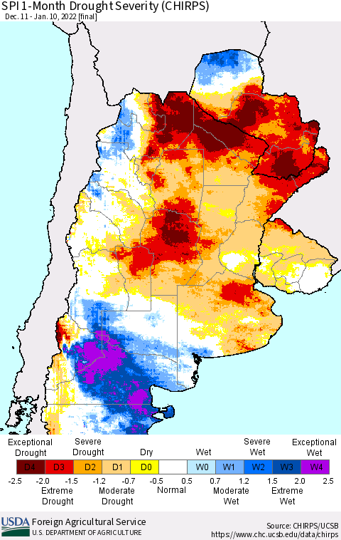 Southern South America SPI 1-Month Drought Severity (CHIRPS) Thematic Map For 12/11/2021 - 1/10/2022