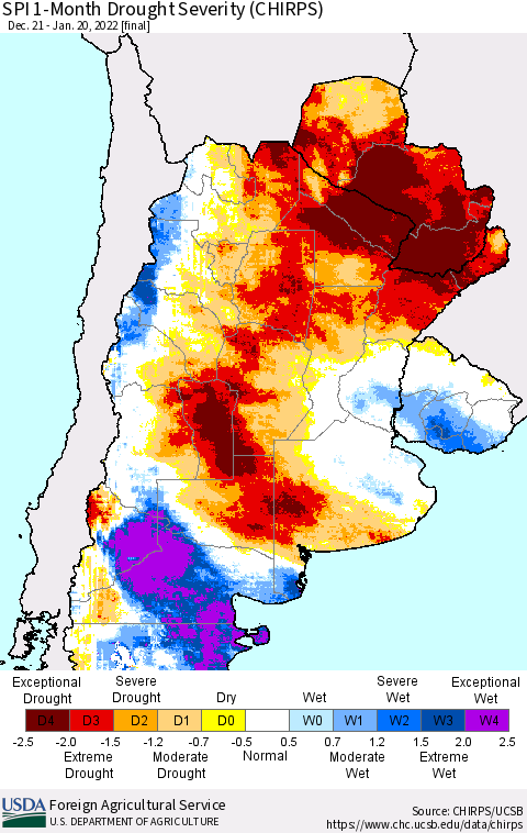 Southern South America SPI 1-Month Drought Severity (CHIRPS) Thematic Map For 12/21/2021 - 1/20/2022