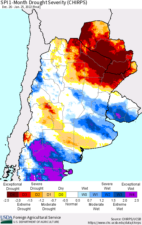 Southern South America SPI 1-Month Drought Severity (CHIRPS) Thematic Map For 12/26/2021 - 1/25/2022