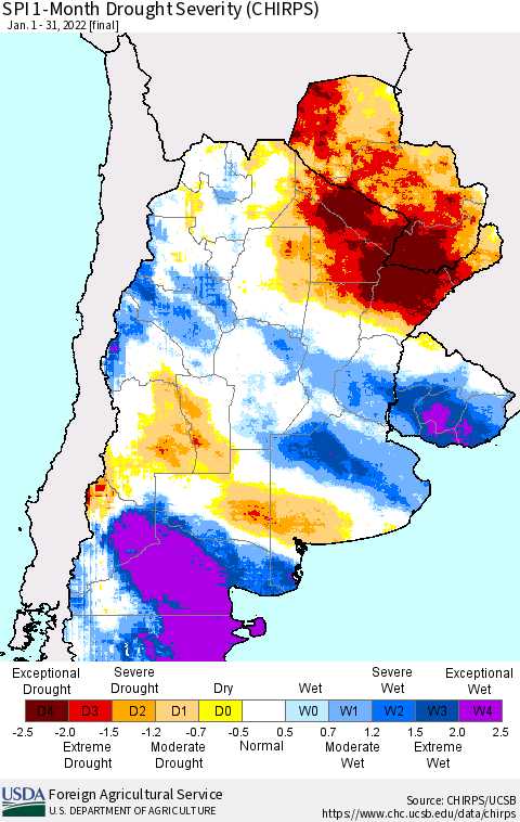 Southern South America SPI 1-Month Drought Severity (CHIRPS) Thematic Map For 1/1/2022 - 1/31/2022