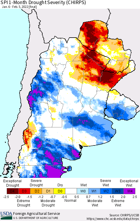Southern South America SPI 1-Month Drought Severity (CHIRPS) Thematic Map For 1/6/2022 - 2/5/2022
