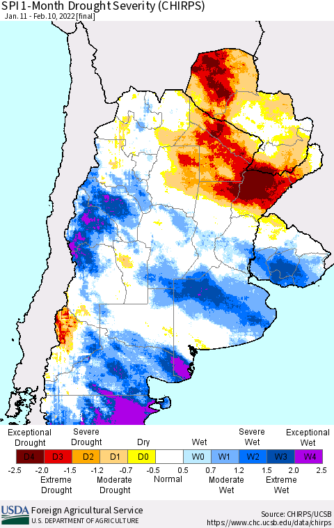 Southern South America SPI 1-Month Drought Severity (CHIRPS) Thematic Map For 1/11/2022 - 2/10/2022