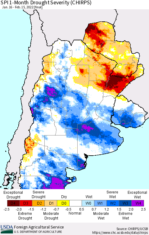 Southern South America SPI 1-Month Drought Severity (CHIRPS) Thematic Map For 1/16/2022 - 2/15/2022